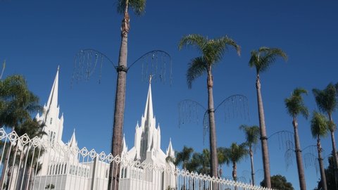 San Diego, California USA - 27 Nov 2020: The Church of Jesus Christ of Latter-day Saints, LDS Church white temple spires in La Jolla. Mormons religious building exterior. Christianity and Mormonism.