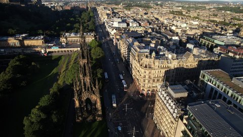 Aerial View of Edinburgh. Scott Monument is a Victorian Gothic monument to Scottish author Sir Walter Scott. It is the second largest monument to a writer in the world