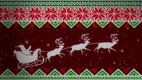 Animated silhouette of Santa Claus in a sleigh with Christmas reindeer on the background of a knitted ornament with snowflakes. Merry Christmas wishes on the background of falling snow. Wool texture.