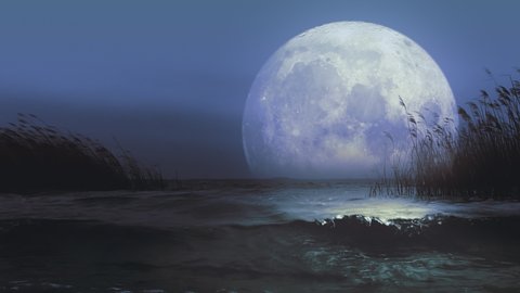 Giant magical blue moon reflecting in the waters of lake or sea. Scenic romantic background.