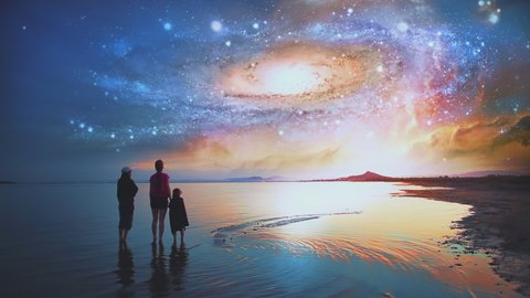 Children holding hands looking at the universe on some distant alien planet shore. Beautiful cinematic scene. Symbol or hope, imagination, future.