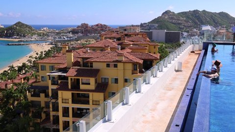 Cabo San Lucas, Los Cabos, Baja California, Mexico, September 10, 2021: View of scenic landmark tourist landscape destination Arch of Cabo San Lucas, El Arco, from the the roof of luxuty hotel
