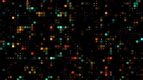 Bright Mosaic Squares and Dots in Technology Dark Background.. Futuristic Square Texture Abstract Animation. Small squares or pixels glowing and moving in slow motion. High Quality 4k Video	
