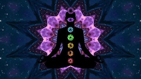 Meditating human in lotus pose. Yoga illustration. Colourful 7 chakras and aura glow. Mandala background.