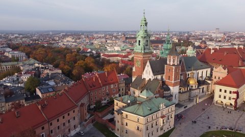 Aerial flying backwards of Cathedral of Wawel Royal Castle, Krakow