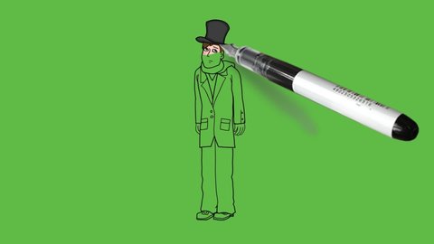 Sketch joker in red coat, grey pant  and cap with black outline on abstract green background
