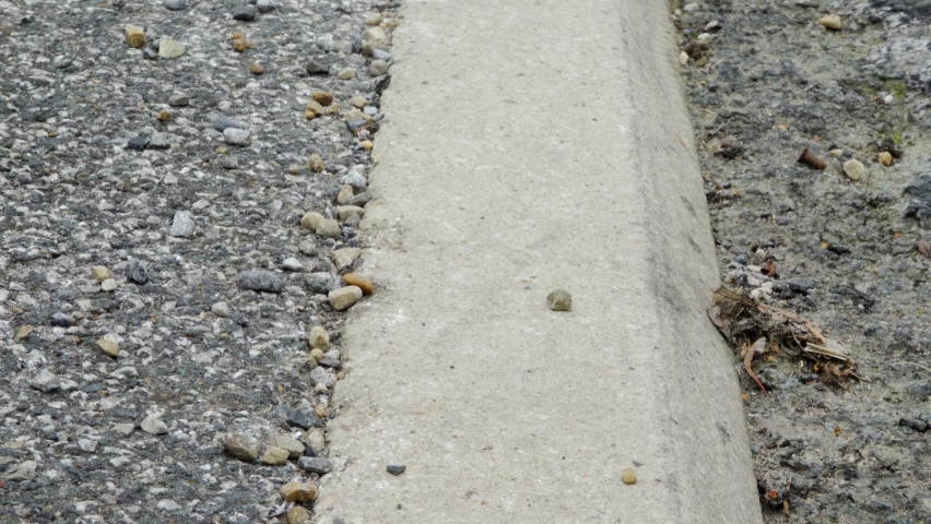 Roadside curb with potholed road surface stock footage
