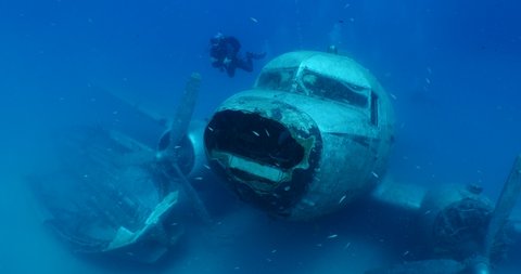 air plane wreck fish around ocean scenery of airplane and metal on ocean floor  scenery scuba divers exploring