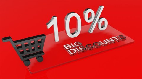 3D Promo video showing a 10 percent discount with the movement of a basket of goods. Camera movement.