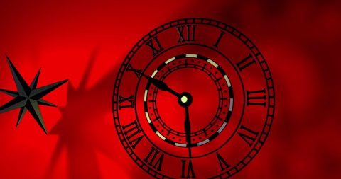 3D animation of an old traditional antique clock. Nautical symbols on red background. Animated abstract camera movement through 3D space with Clock and Compass. Shadows moving over the wall clock .
