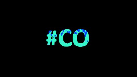 Hashtag #CO. Animated text. Transparent Alpha channel, 4K video. Color movable letters pattern, fluid aqua effect. CO is abbreviation for the US American state Colorado