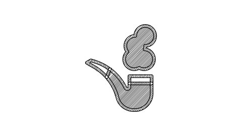 Black line Smoking pipe with smoke icon isolated on white background. Tobacco pipe. 4K Video motion graphic animation.