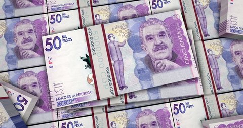 Colombia Pesos banknotes 3d animation. Camera view from close to long distance. COP money packs. Concept of inflation, economy, crisis, business, banking, debt and finance.