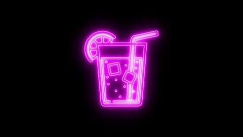 Glowing neon cocktail bar drink on  on black background. Seamless looping. 4K animation.