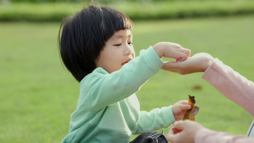 Happy asian family mother and  kid spending time together at the park. Son and mom have fun enjoy family time at weekend  with beautiful sun light. Lifestyle moments. Childhood and weekend concept