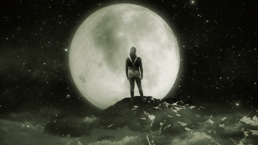 Woman Looking Full Moon On Mountain Top Zoom In Retro Style. Woman standing on top of a mountain looking at the full moon in starry space, vintage style. Zoom in
