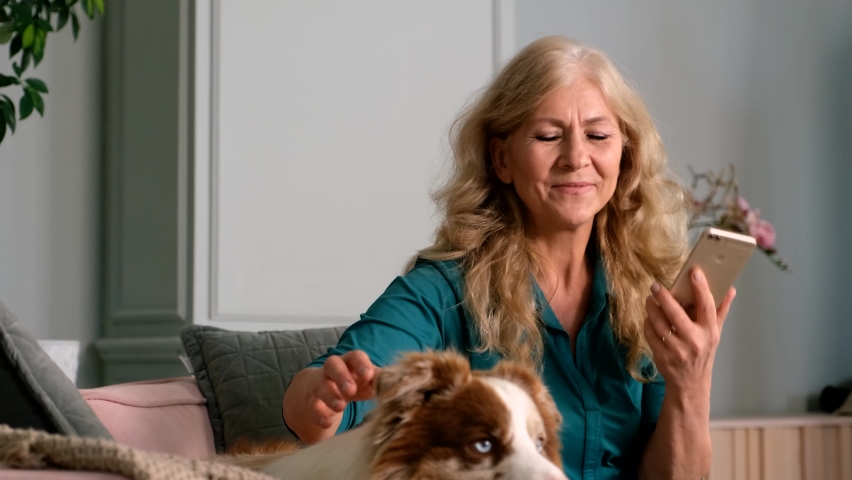 CU of woman is talking by phone the dog jumping on the sofa and sitting next to the owner