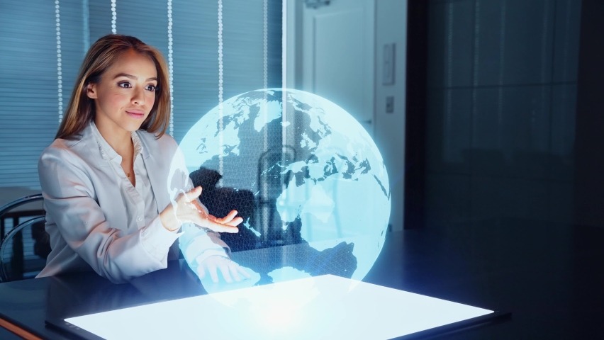 Young latina woman watching a stereoscopic image of the earth. Royalty-Free Stock Footage #1082850541