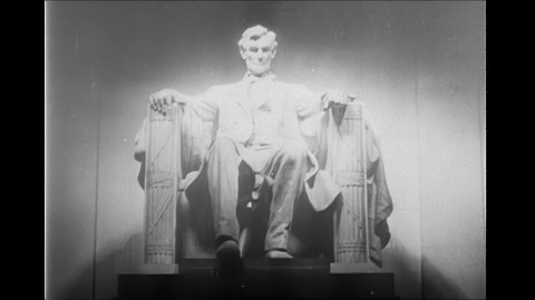 1930s: Lincoln Memorial. Solider smashes to reveal Hirohito, Hitler and Mussolini. Man polling people. Poll question. Poll result. US Capitol building. House Military Affairs Committee. Naval Affairs.