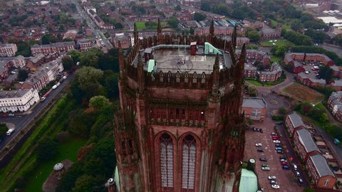 Liverpool Anglican cathedral historical North West England landmark aerial drone video. 