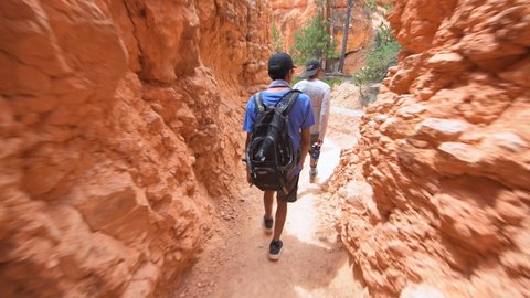 Bryce Canyon, USA - August 2, 2019: Point of view pov of group of people walking back following hiking on Bryce Canyon National Park Navajo loop Queen's Garden trail in Utah Video de contenido editorial de stock
