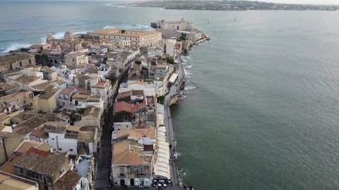 Aerial of Coastal Promenade to Sicilian Castle on the Tip of Ortigia Island