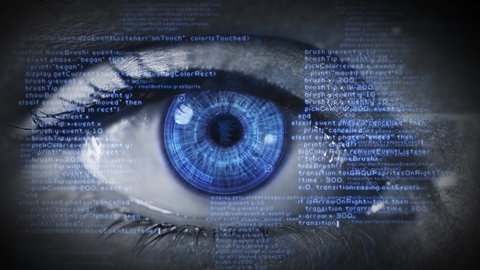 Futuristic Eye with Program Code And Hub. Macro Shot of Iris with Data Code Animation. Representing Concepts as Virtual Reality, Face Recognition, Augmented Reality, Surveillance System, Human Cyborg.