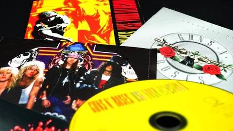 Rome, Italy - November 15, 2021: cd collection of the hard rock band Guns N 'Roses, formed in Los Angeles in 1985 with frontman Axl Rose, have sold over 100 million records