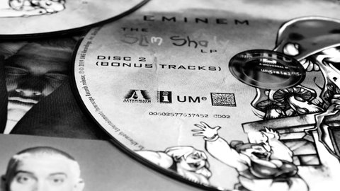 Rome, Italy: April 27, 2021: Selective focus of CD of the special edition of Eminem's SLIM SHADY LP. Considered a hip-hop masterpiece and one of the best albums of the genre of all time