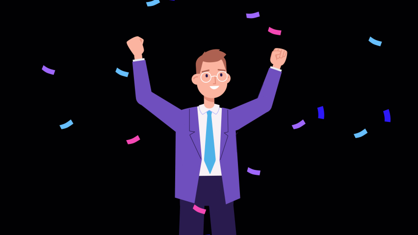 happy businessman or manager  animation. cartoon male character raises hand up, Cheerful man celebrating success, win or goal achievement. confetti 2d flat style animated footage. alpha channel