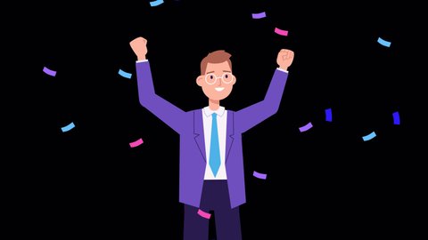happy businessman or manager  animation. cartoon male character raises hand up, Cheerful man celebrating success, win or goal achievement. confetti 2d flat style animated footage. alpha channel