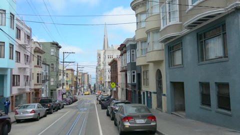 SAN FRANCISCO - MAY 17 2015:Cable car driver point of view in San Francisco, CA.US Department of Transportation counts the cable cars as mass transportation system with the most accidents per year.