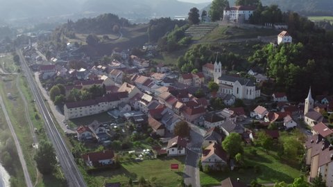 Aerial view cityscape Novo Mesto Slovenia. Ancient city with a castle on the mountain and historic buildings.