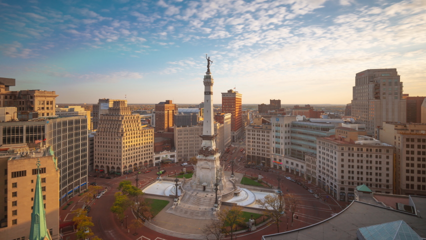 Indianapolis, Indiana, USA skyline over Monument Circle at dusk.