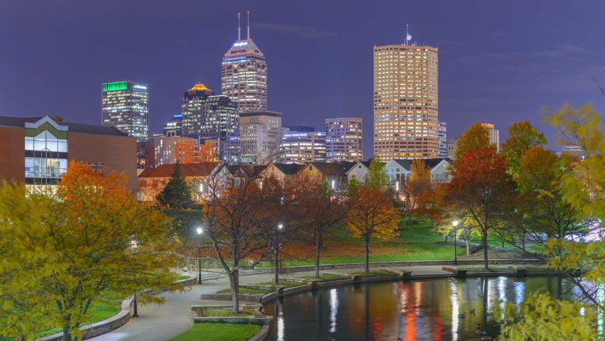 Indianapolis, Indiana, USA river walk and skyline.