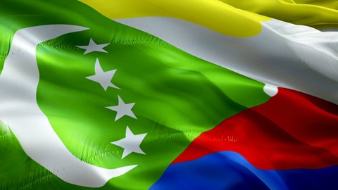 Comoros flag video. National 3d Comoro Flag Slow Motion video. Comoros Flag Blowing Close Up. Comoro Flags Motion Loop HD resolution Background Closeup 1080p Full HD video. Comoros flags waving in win