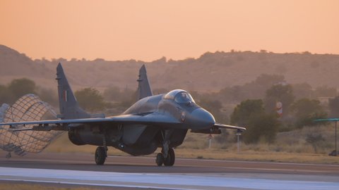 Rajasthan, India - February 2019: An Upgraded MiG-29 UPG aircraft of the Indian Air Force landing after a training mission.