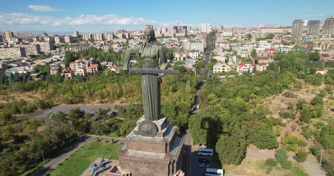 The monument "Mother Armenia" in Yerevan. Aerial view. Yerevan, Armenia. The shooting date is September 21, 2021.
