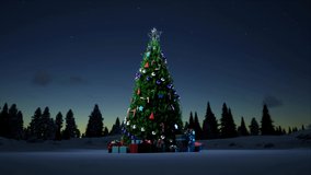 Christmas tree with new year toys, decorations and gifts in a snowy forest on the eve of new year and Christmas 3d render