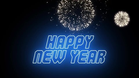 Happy New Year. Beautiful golden Fireworks Shiny with Happy New Year text Display at Night Loop Background. New Year celebration video.