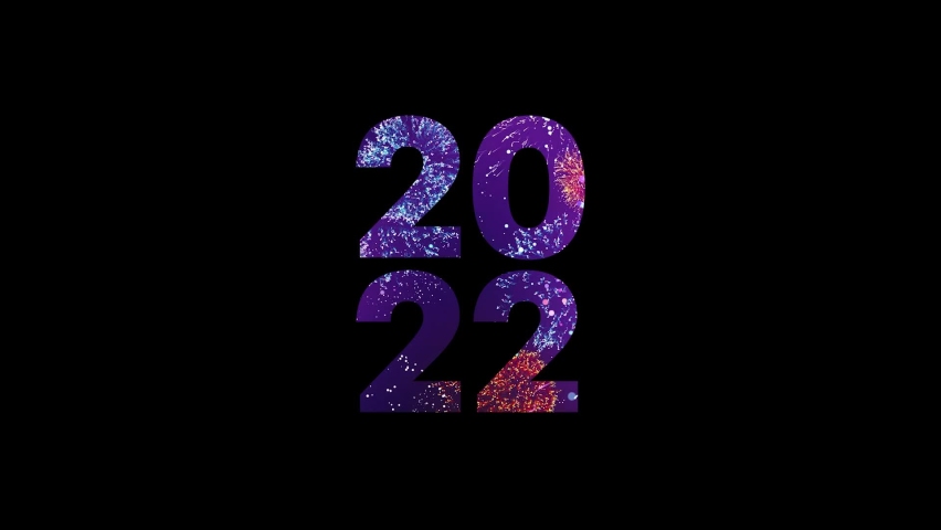 Happy New Year 2022 neon light brightly glowing. Firework 2022 happy New Year dark night sky background with decoration with a neon number on black background. 4K Video.