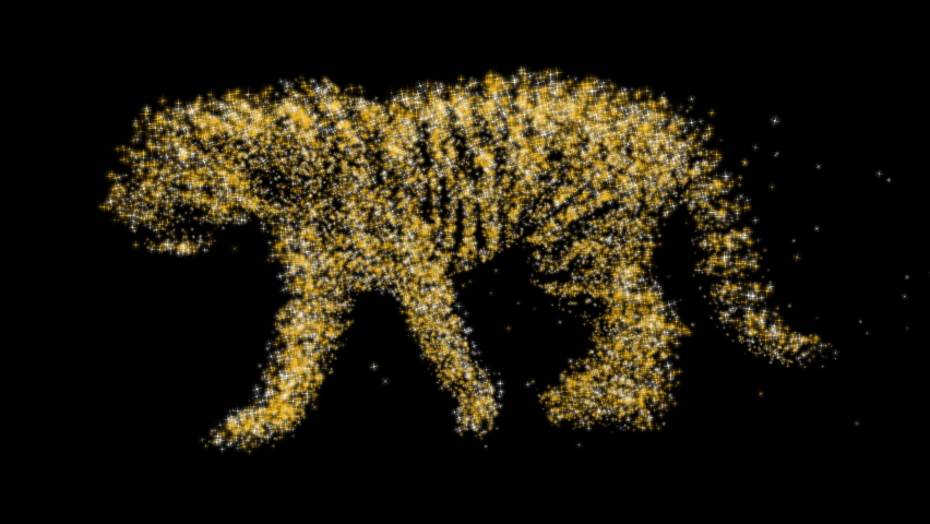 CG animation of a golden tiger walking with glittering particle on black background. Royalty-Free Stock Footage #1082903668