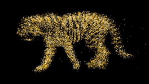 CG animation of a golden tiger walking with glittering particle on black background.