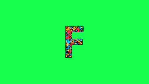 Letter F. Animated unique font made of circles and triangles, polygons. Bauhaus geometric mosaic style. Bright colors. Letter F for icons, logos, interface elements. Green chromakey background, 4K