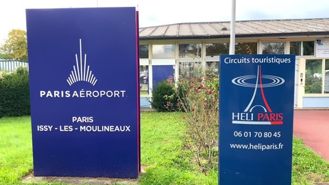 Issy-les-Moulineaux, France - October 2021 : Paris Aeroport sign at the entrance of the parisian heliport of Paris and Issy les Moulineaux, France