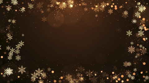 Christmas snowflakes frame with lights and particles on gold background. Winter, Christmas, New Years, Holidays frame concept. Seamless looping 4k