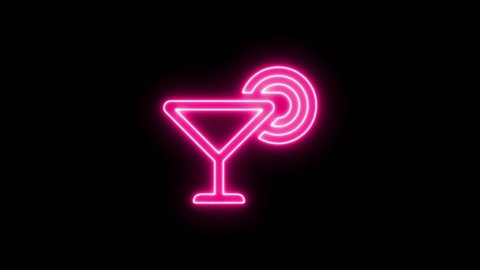 Glowing neon cocktail bar drink on  on black background. Seamless looping. 4K animation.