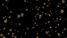 Golden snowflakes falling slowly from the sky. Black screen. Winter background. Overlay. Abstract snowfall. 25 fps