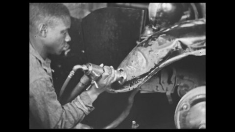 1940s: Man paints car. Caption reads "FORGING AND WELDING." Man holds piece of metal as machine moves up and down. Welder.