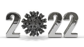 3d animation of the occurrence of the iron coronavirus covid-19, and the date of the new year 2022 from liquid metal, silver. The idea of a new year with coronavirus. - Powered by Shutterstock - Get 15% off with code: PIKWIZARD15